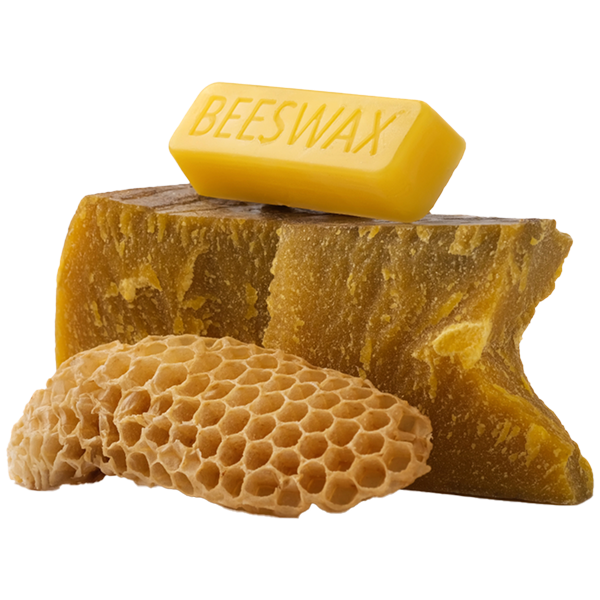 Yellow beeswax bar stamped with "BEESWAX" text sitting atop raw beeswax chunks and natural honeycomb structure