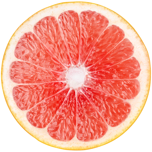 Cross-section of pink grapefruit showing segmented flesh with white center and yellow rind