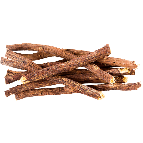 Pile of brown licorice root sticks with fibrous texture and natural wood-like appearance on white background