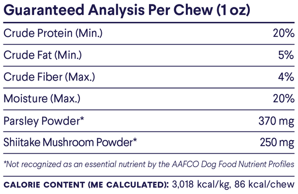 Nutritional analysis table for dog chew showing protein, fat, fiber, moisture percentages and parsley/shiitake powder content per 1 oz serving.
