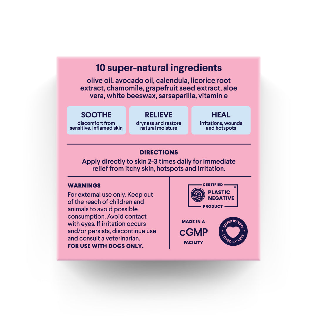 Pink product label showing 10 natural ingredients for dog skin care with soothe, relieve, heal benefits and usage directions