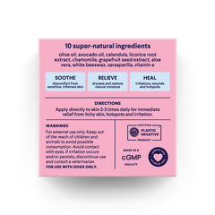 Pink product label showing 10 natural ingredients for dog skin care with soothe, relieve, heal benefits and usage directions