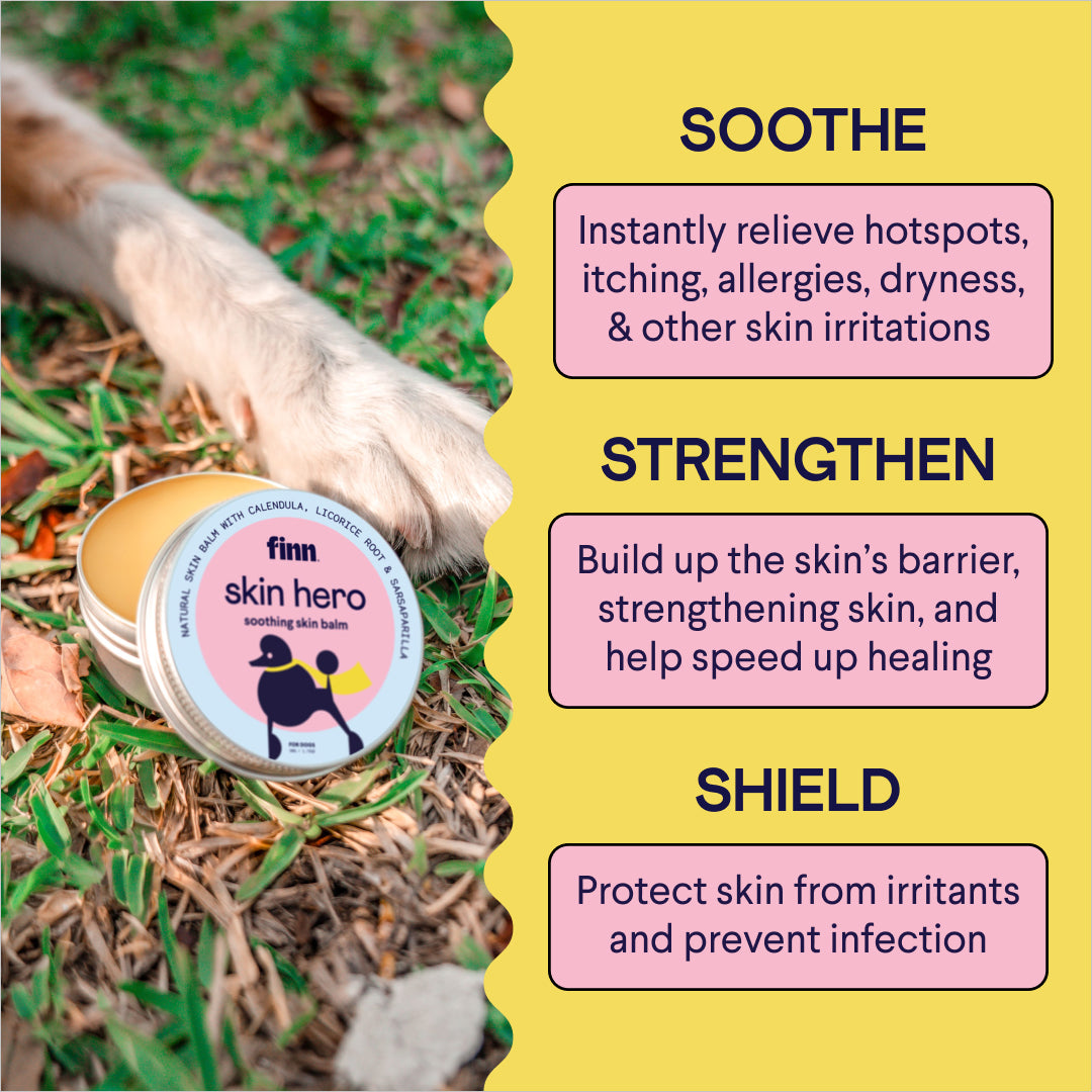 Dog paw next to Finn Skin Hero balm tin on grass with yellow text box listing three benefits: Soothe, Strengthen, Shield