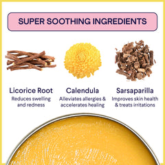 Yellow healing balm tin with three natural ingredients above: brown licorice root sticks, bright yellow calendula flower, and dried brown sarsaparilla pieces