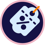White dice with black dots on dark purple background with pink border in circular icon