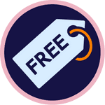 Circular icon with navy blue background featuring white price tag labeled "FREE" with orange string attached
