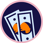 Purple circular icon with white playing cards featuring orange poker chips or tokens