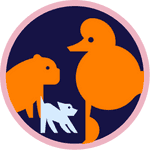 Orange silhouettes of adult and baby elephant on dark blue circular background with pink border