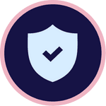 Blue shield with checkmark icon on dark purple background with pink border