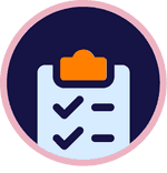 White checklist clipboard with orange header and purple checkmarks on dark blue background with pink border