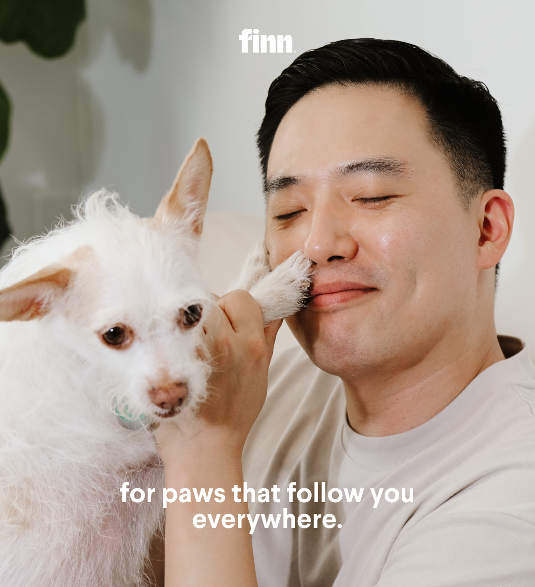 Man in white shirt smiling with eyes closed, holding small white fluffy dog close to his face in bright indoor setting