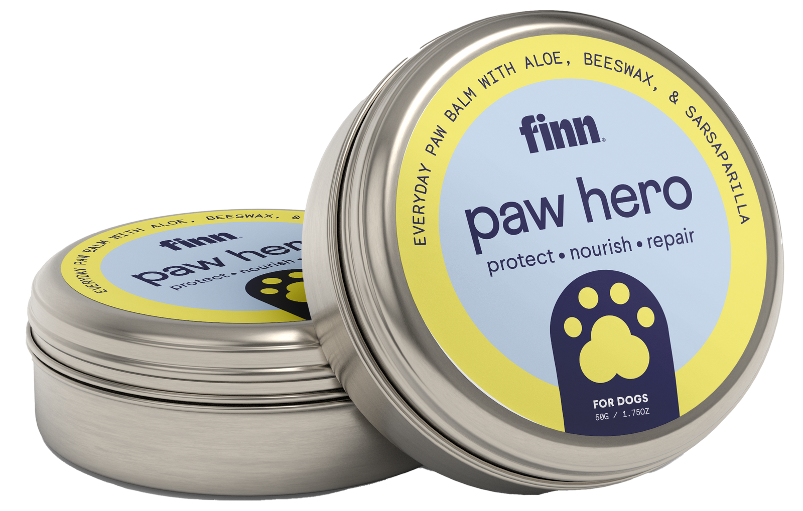 Two round metal tins of Finn paw hero dog paw balm with yellow and blue labels featuring paw print logos, one tin open showing the product inside.