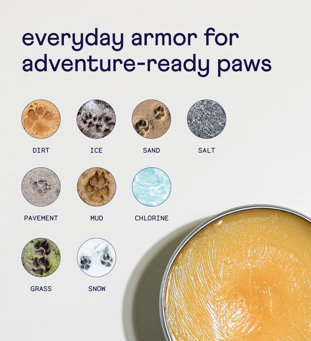 Infographic showing paw prints on various surfaces like dirt, ice, sand, salt, pavement, mud, chlorine, grass, and snow, with a golden healing balm tin.