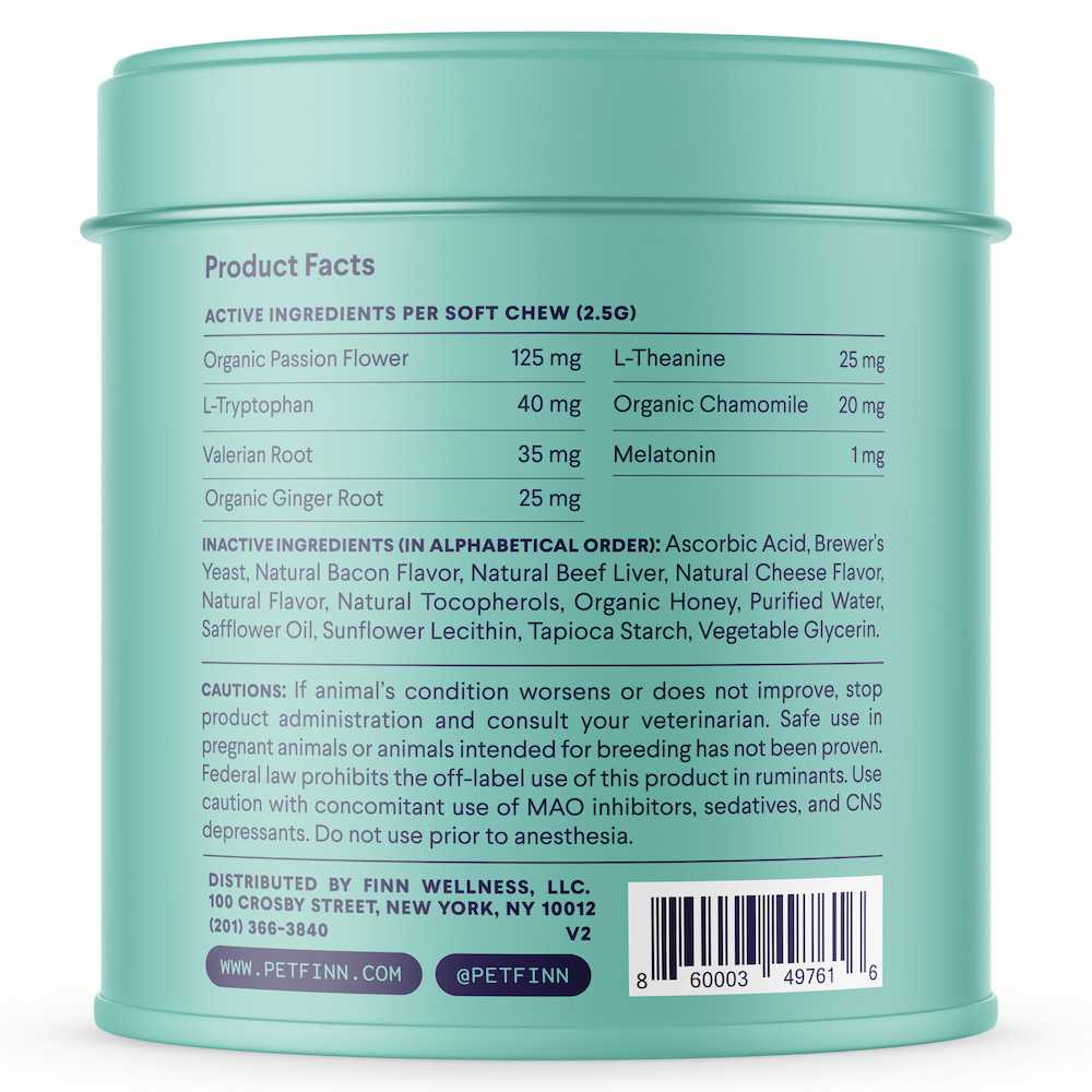 Teal cylindrical pet supplement container showing product facts label with active ingredients like passion flower, melatonin, and L-theanine
