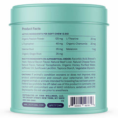 Teal cylindrical pet supplement container showing product facts label with active ingredients like passion flower, melatonin, and L-theanine