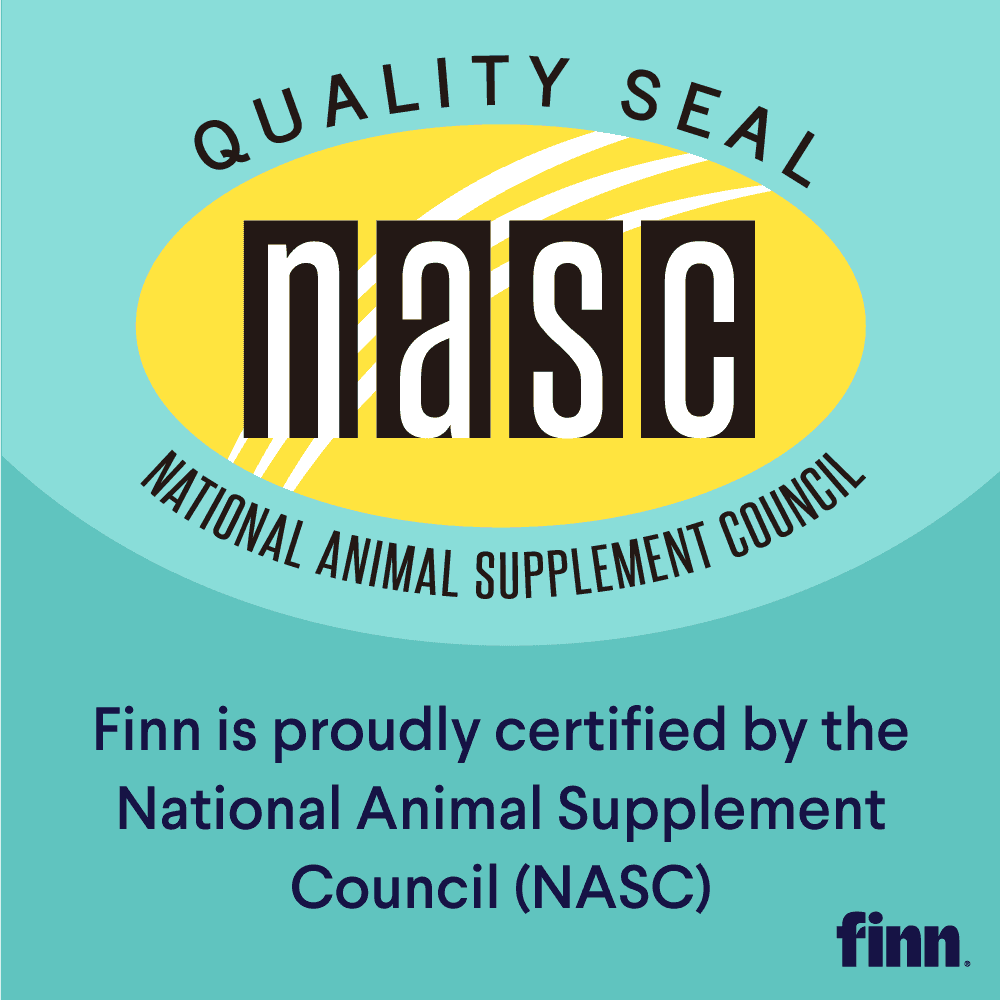 NASC Quality Seal logo with yellow oval and text stating Finn is proudly certified by the National Animal Supplement Council on turquoise background