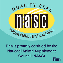 NASC Quality Seal logo with yellow oval and text stating Finn is proudly certified by the National Animal Supplement Council on turquoise background