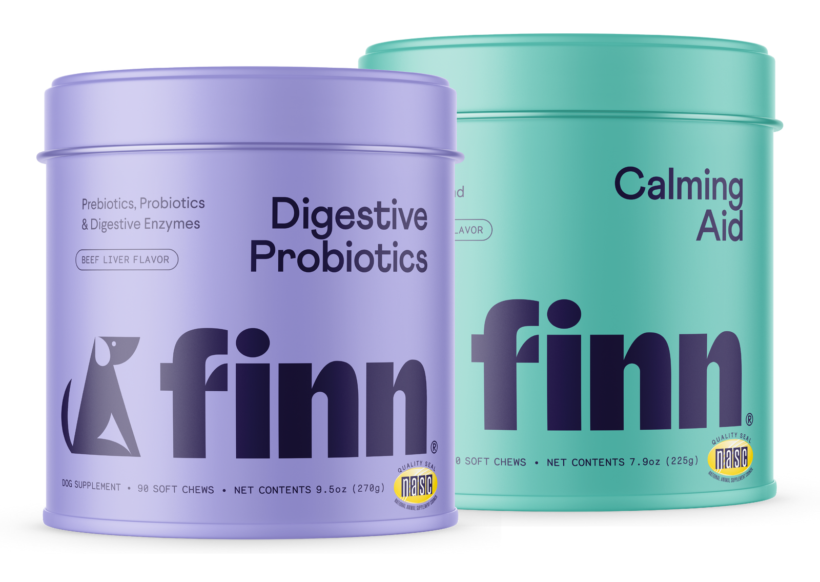 Two cylindrical pet supplement containers - purple "Digestive Probiotics" and teal "Calming Aid" from Finn brand for dogs