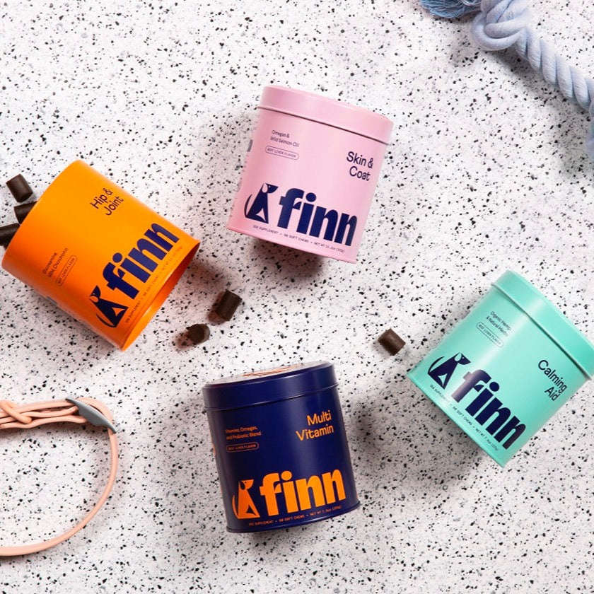 Four colorful Finn pet supplement containers arranged on speckled terrazzo surface with rope toy and treats scattered around