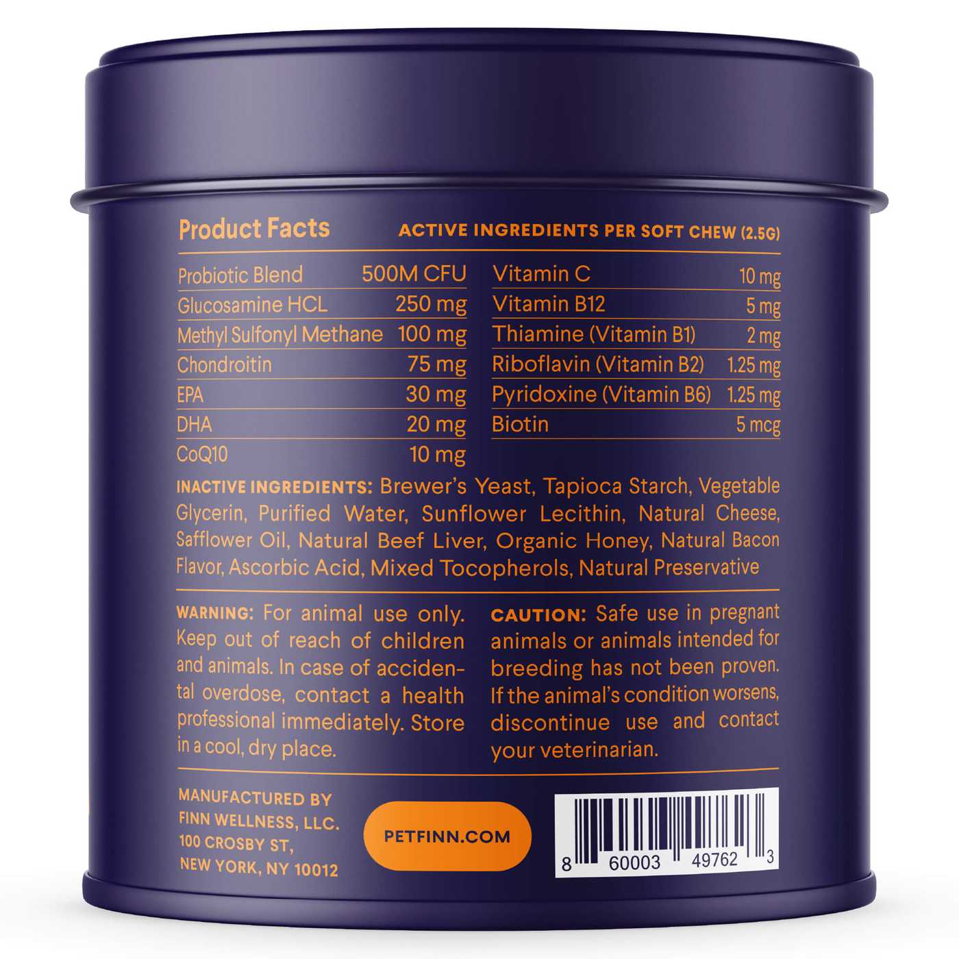Purple cylindrical pet supplement container showing product facts label with active ingredients, vitamins, and dosage information for dogs.