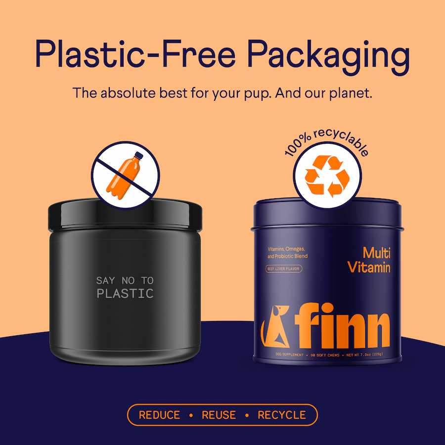 Two metal containers for dog vitamins with eco-friendly messaging - one black labeled "SAY NO TO PLASTIC" and one blue "finn Multi Vitamin" container, both showing plastic-free and recyclable symbols on orange and blue background.