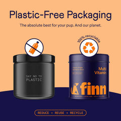 Two metal containers for dog vitamins with eco-friendly messaging - one black labeled "SAY NO TO PLASTIC" and one blue "finn Multi Vitamin" container, both showing plastic-free and recyclable symbols on orange and blue background.