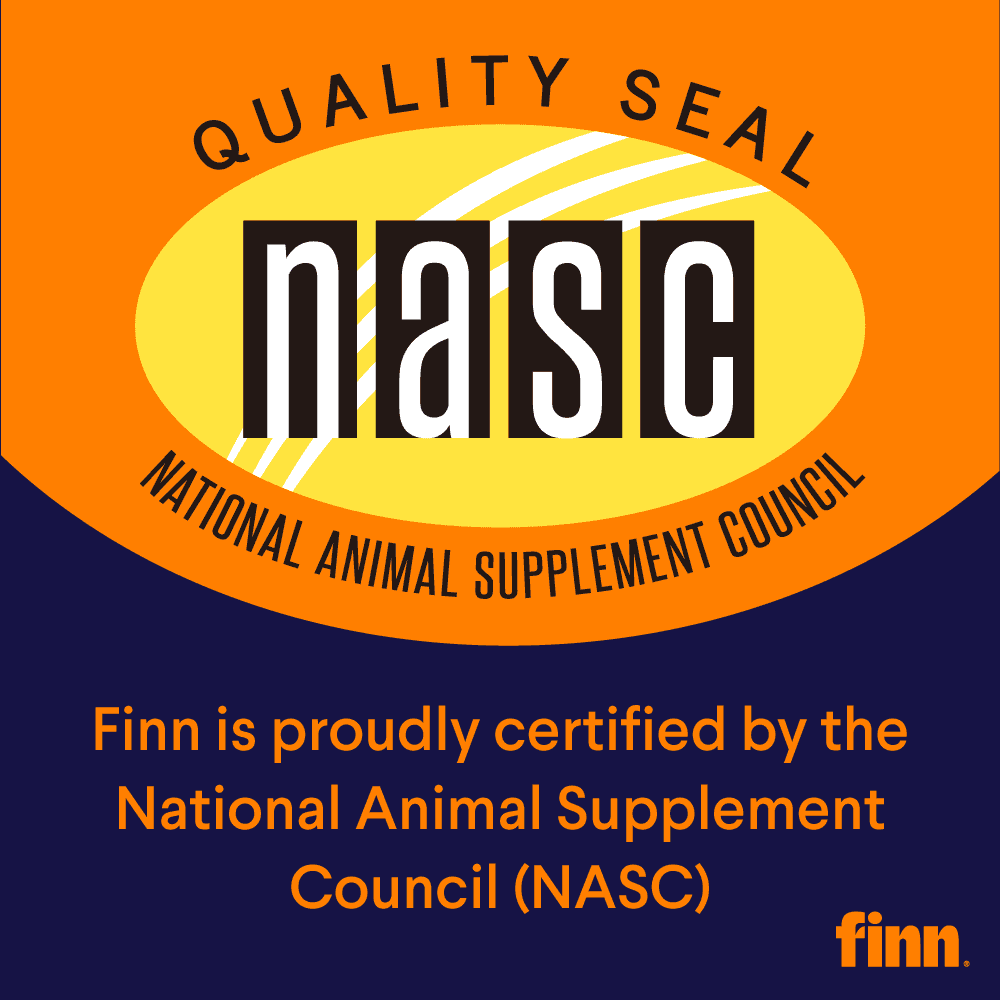 Orange and blue NASC Quality Seal logo with "finn" brand name, certifying National Animal Supplement Council approval