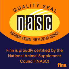 Orange and blue NASC Quality Seal logo with "finn" brand name, certifying National Animal Supplement Council approval