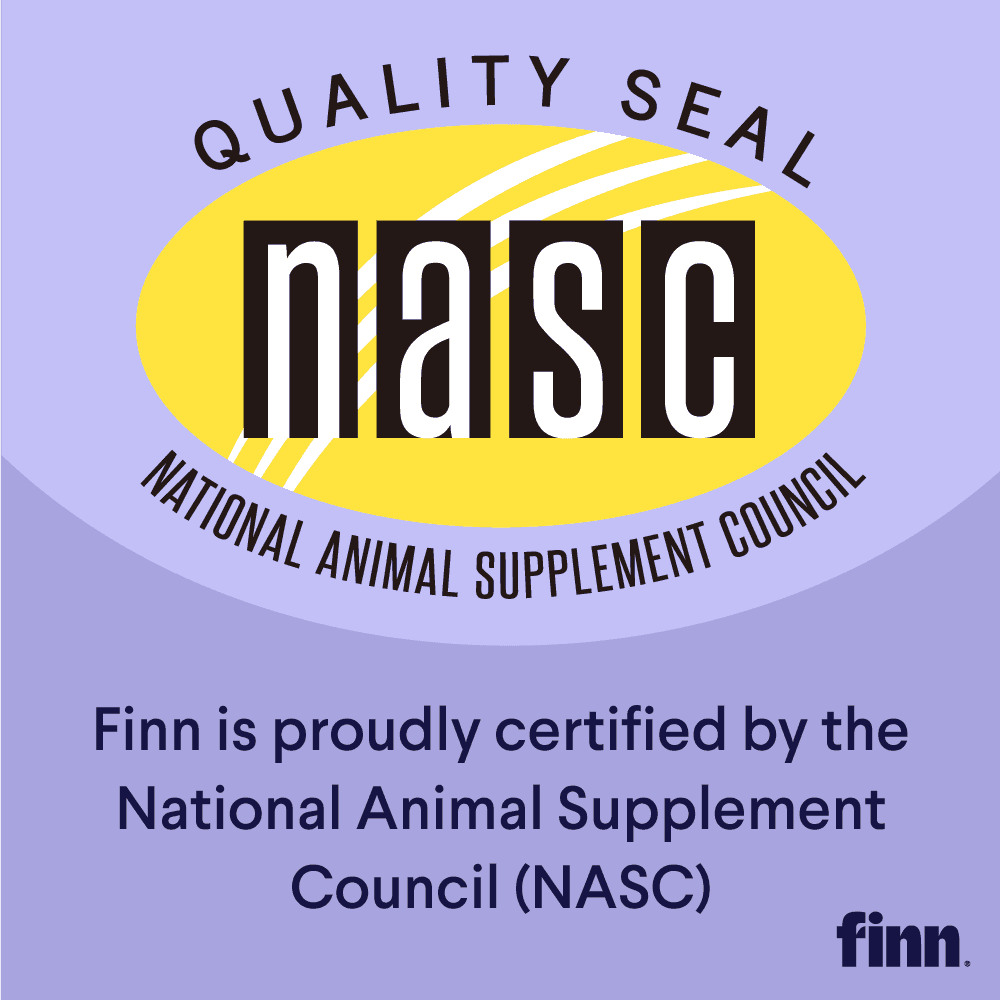 Purple and yellow NASC Quality Seal logo with "finn" branding, certifying National Animal Supplement Council approval