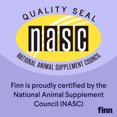 Purple and yellow NASC Quality Seal logo with "finn" branding, certifying National Animal Supplement Council approval