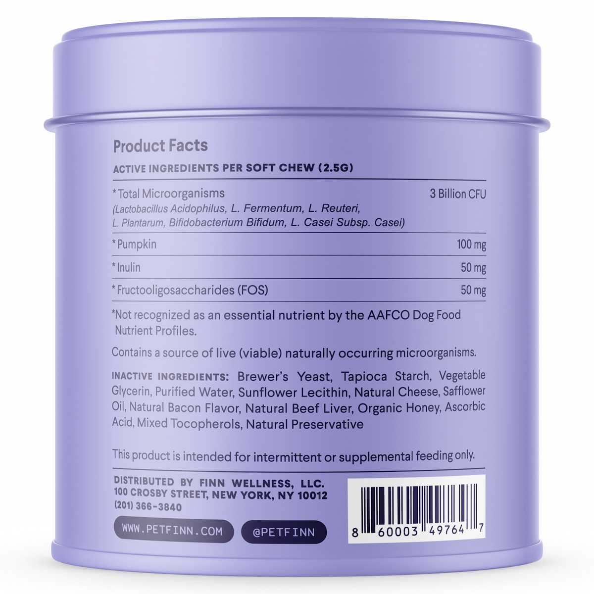 Purple cylindrical container showing product facts label for dog probiotic supplement with ingredient list and nutritional information