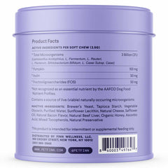 Purple cylindrical container showing product facts label for dog probiotic supplement with ingredient list and nutritional information