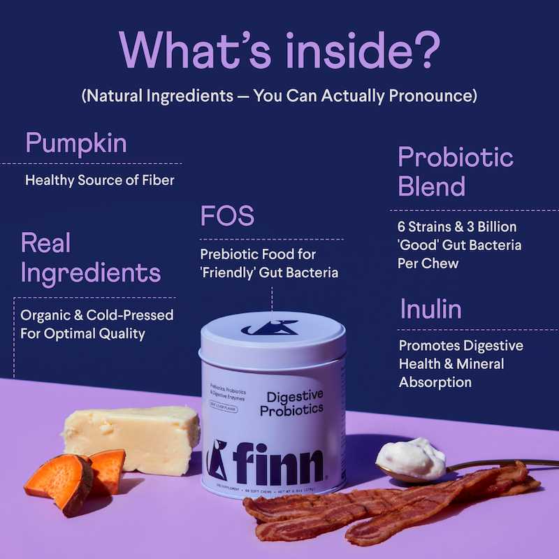 Finn pet probiotic supplement container on purple surface with cheese, bacon treats, and ingredient callouts on dark blue background