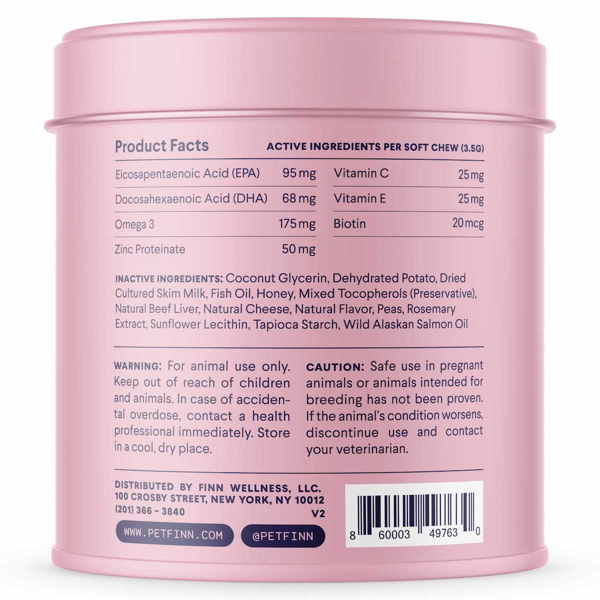 Pink cylindrical container showing supplement facts label with omega-3, vitamins, and active ingredients for animal use