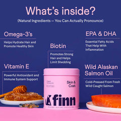 Finn pet supplement container with ingredients breakdown showing omega-3s, biotin, vitamin E, EPA & DHA, and wild Alaskan salmon oil on purple background