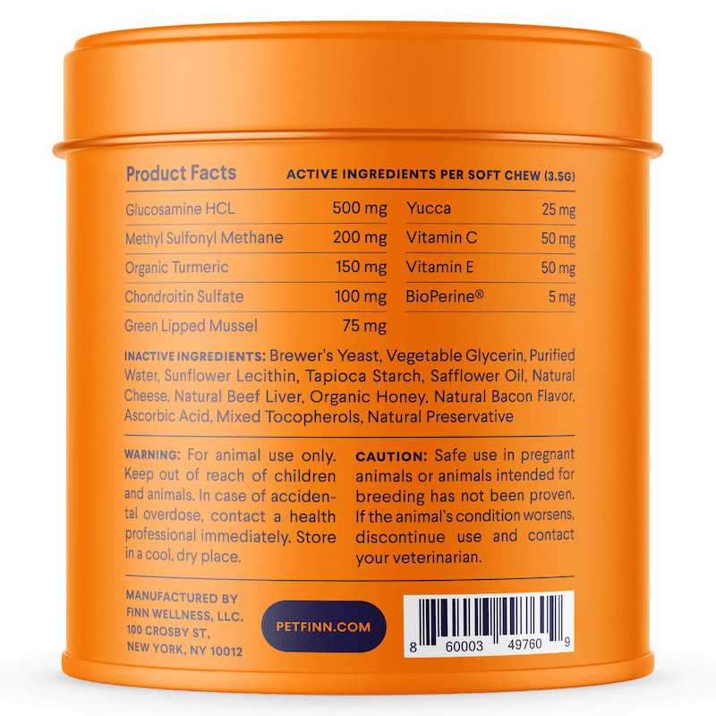 Orange pet supplement container showing product facts label with active ingredients including glucosamine, turmeric, and vitamins