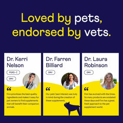 Three veterinarian testimonials on blue background with yellow text "Loved by pets, endorsed by vets" featuring Dr. Kerri Nelson, Dr. Farren Billiard, and Dr. Laura Robinson with their photos and quotes about Finn pet supplements.