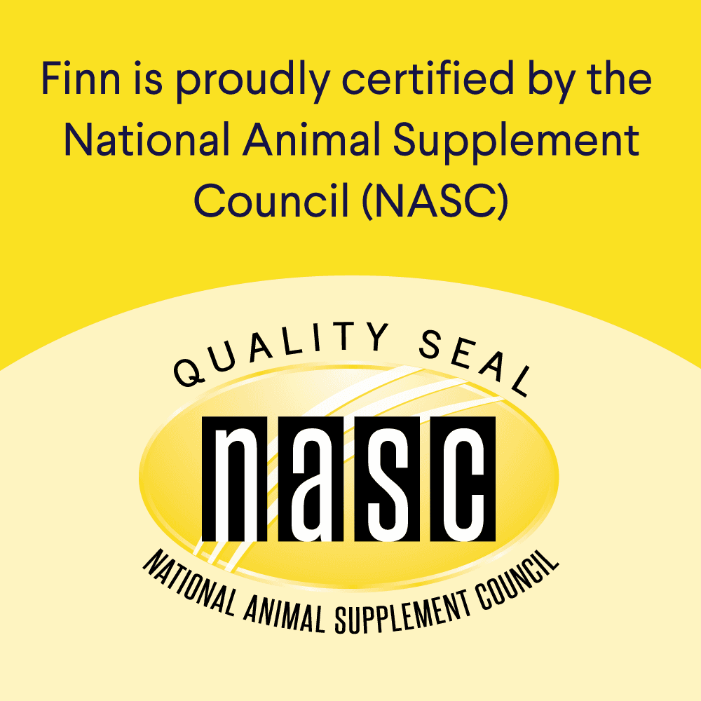 Yellow certification badge showing NASC (National Animal Supplement Council) Quality Seal logo with text stating "Finn is proudly certified by the National Animal Supplement Council"