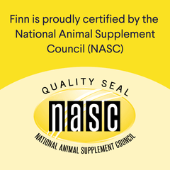 Yellow certification badge showing NASC (National Animal Supplement Council) Quality Seal logo with text stating "Finn is proudly certified by the National Animal Supplement Council"
