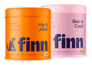 Two Finn pet supplement containers: orange "Hip & Joint" and pink "Skin & Coat" with dog silhouettes on labels